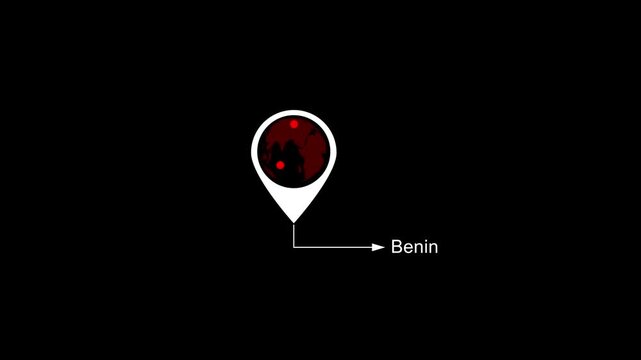 Benin Location on World Map with Pin Marker Animation. Country GPS location tracking icon. location pin appearing. Motion graphics of country location concept