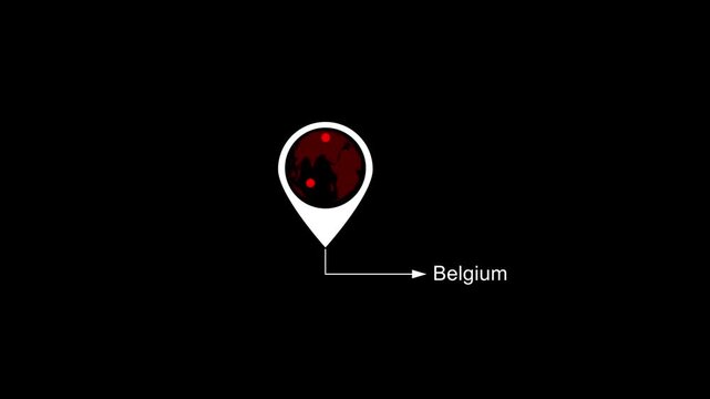 Belgium Location on World Map with Pin Marker Animation. Country GPS location tracking icon. location pin appearing. Motion graphics of country location concept