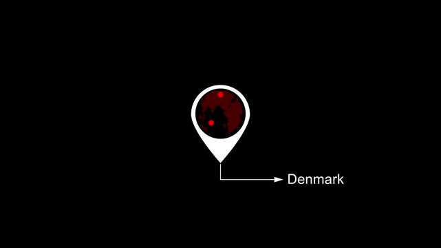 Denmark Location on World Map with Pin Marker Animation. Country GPS location tracking icon. location pin appearing. Motion graphics of country location concept