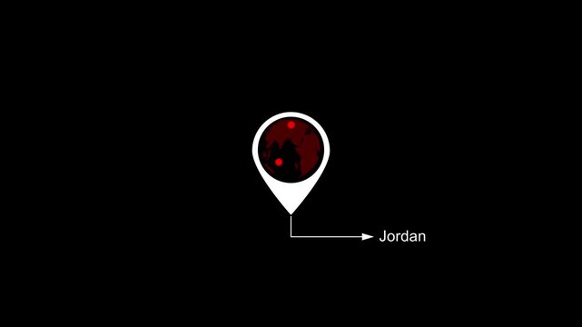 Jordan Location on World Map with Pin Marker Animation. Country GPS location tracking icon. location pin appearing. Motion graphics of country location concept