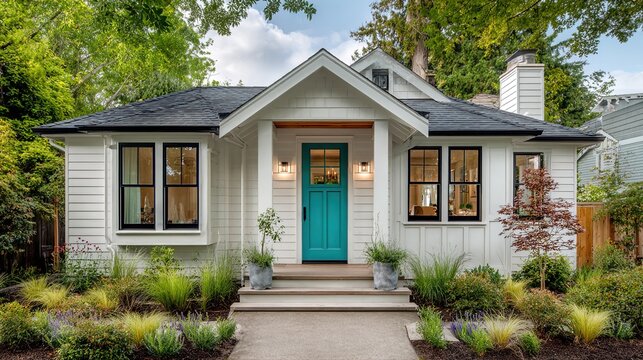 cottage. Charming cottage exterior with a teal door and crisp architectural details. real-estate listings.