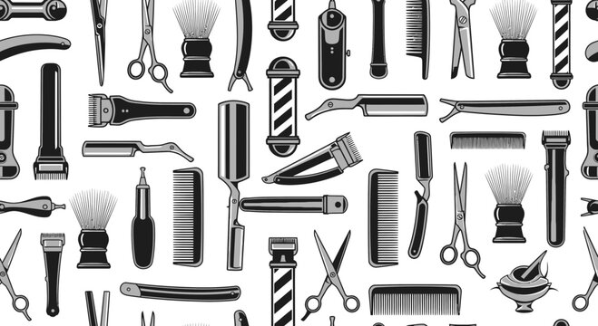 Vintage Barber Tools Collection Seamless Pattern.