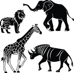 Obraz premium Collection of black and white animal silhouettes including elephant, giraffe, lion, zebra, wildebeest