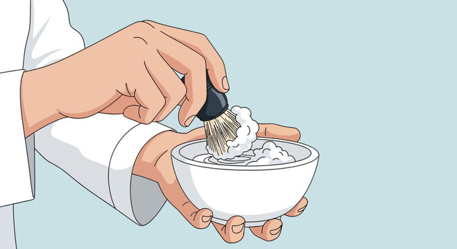 Man preparing shaving cream with brush and bowl.