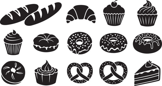 Variety of baked goods icons in black silhouette