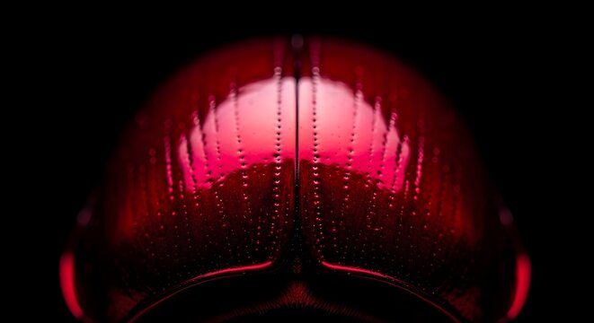 Close-up macro view of a deep red metallic beetle shell segment, highlighting intricate textures and reflections with incredible detail.