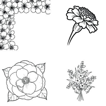 Collection of decorative floral elements in black and white, including a corner border of small blos
