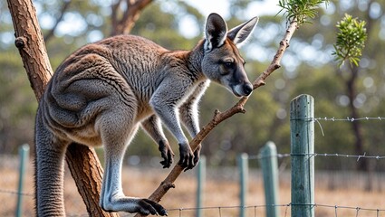 Naklejka premium Lumholtz?s tree kangaroo moving along high branch near fence