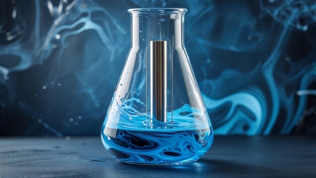 Magnetic stirrer spinning bar inside flask with swirling blue solution