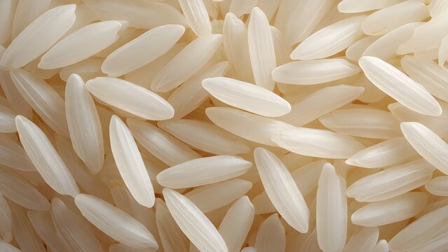 Top view of premium raw long grain white basmati rice grains background