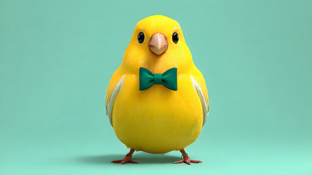 3D cute yellow canary wearing a green bow tie, standing cheerfully, pastel mint background, playful 3D cartoon illustration for kids