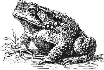Naklejka premium Detailed black and white illustration of a toad sitting on the ground with textured skin and natural habitat elements