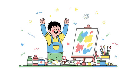 Fototapeta premium Joyful Child Artist Celebrating Creativity with Painting Supplies and Easel