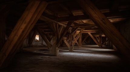 Fototapeta premium crisscrossing. Unfinished attic interior with large crisscrossing wooden beams in dim light. real-estate listings.