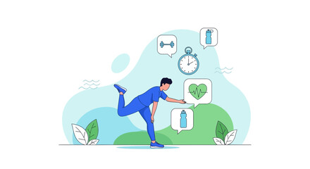 Fototapeta premium Man exercising, health icons, stopwatch, healthy lifestyle concept