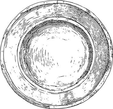 Vintage round plate top view sketch hand drawn empty ceramic dish illustration rustic kitchenware outline drawing