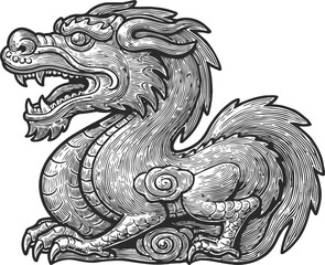 Obraz premium Intricate black and white dragon engraving art with detailed scales and fierce expression
