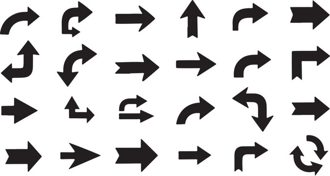 Collection of various black arrows on white background
