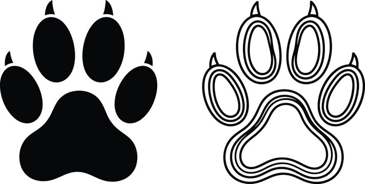 Black silhouette and outline of a predator paw print with sharp claws on white background Vector