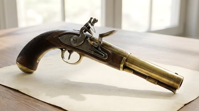 Ornate Antique Flintlock Pistol with Brass and Wood Details Displayed on a Surface