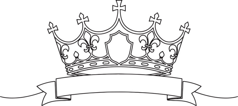 Royal crown with blank ribbon banner vector outline design element illustration.