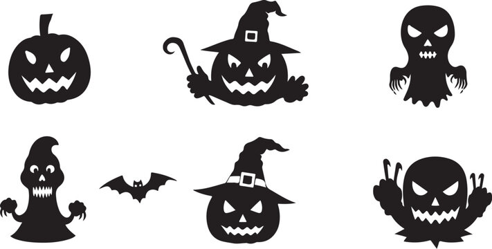 Halloween icons set with spooky characters and symbols black