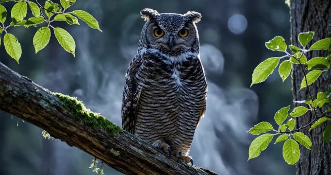 Close-up Portrait of a Great Horned Owl Perched on a Tree Branch