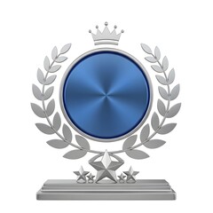 Obraz premium Silver Laurel Wreath Badge with Blue Metallic Center and Crown Isolated on Light Background, Premium Award Symbol for Achievement, Excellence Recognition, Winner Emblem, Corporate and Sports Success