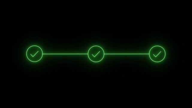 neon 3 step infographic process with check mark icon. infographic step by step process icon animation on black background, step process success with check marks.4k background animation