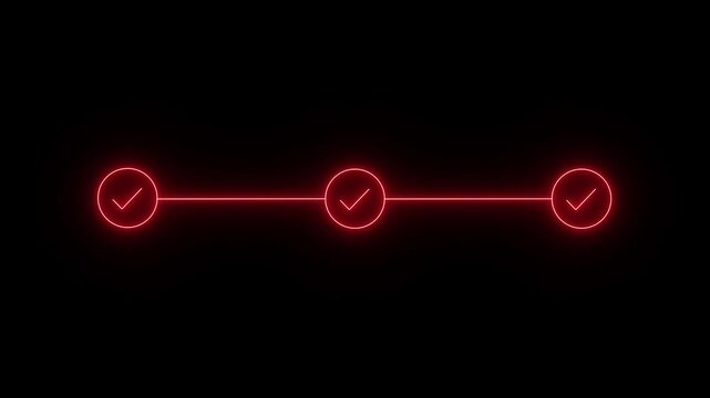 neon 3 step infographic process with check mark icon. infographic step by step process icon animation on black background, step process success with check marks.4k background animation