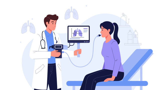 Doctor examining patient with lung function test equipment.