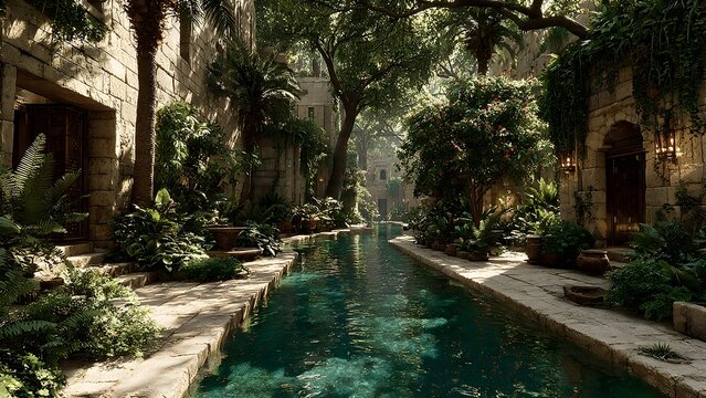 Quiet Mesopotamian garden in ancient Babylonia, enclosed by sun-baked mud-brick walls, lush with Mediterranean greenery, growing along stone irrigation canals, dappled sunlight filtering through