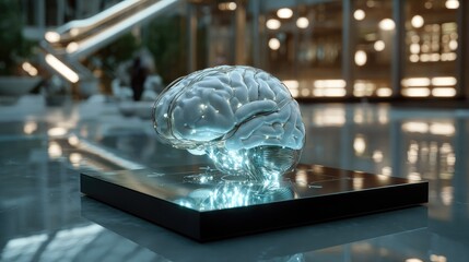 Obraz premium Brain in the Spotlight: The image shows a glowing, transparent brain model, perched atop a sleek platform, illuminated within a futuristic setting. 