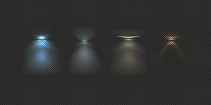 Lens flare light effect collection from lamp or spotlight sources featuring glowing flashes reflections and optical illumination elements for cinematic lighting overlays and visual design