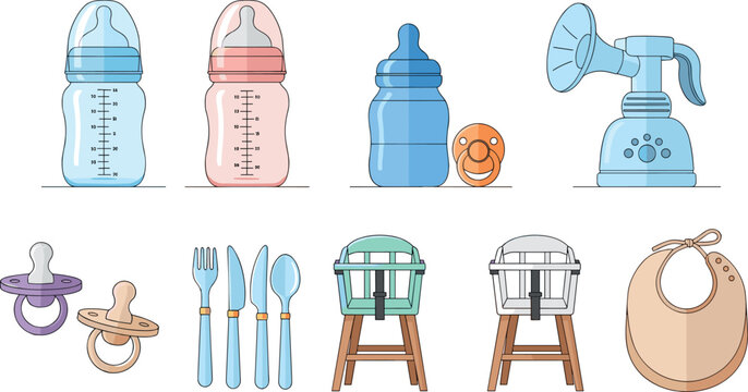 Baby Feeding Accessories Collection Bottles Pacifiers Bibs Flat Vector Set