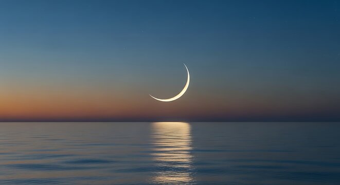 Crescent Moon Over Water at Dusk with Reflection.