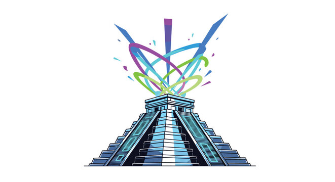 A retrofuturist poster illustration shows a Mayan pyramid in cool tones, emitting vibrant holographic rings and light beams from its apex against a white background.
