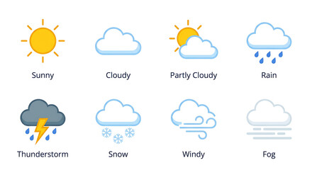 Obraz premium Set of weather condition icons sunny, cloudy, partly cloudy, rain, thunderstorm, snow, windy, and fog