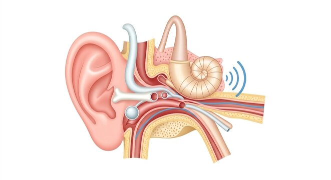 Human Ear Anatomy: Detailed Diagram of External and Internal Structure with Sound Waves