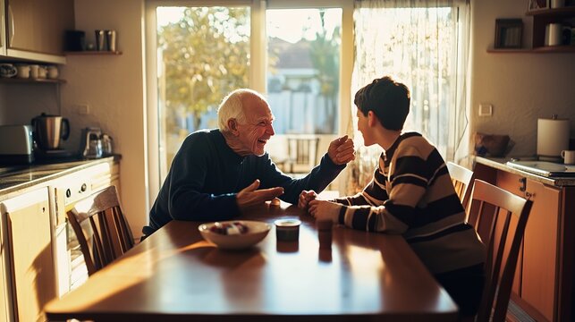 Candid documentary-style photo of elderly grandfather and teenage grandson laughing together at a kitchen table