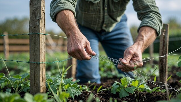 Man pulling garden wire from between weeds and fence posts