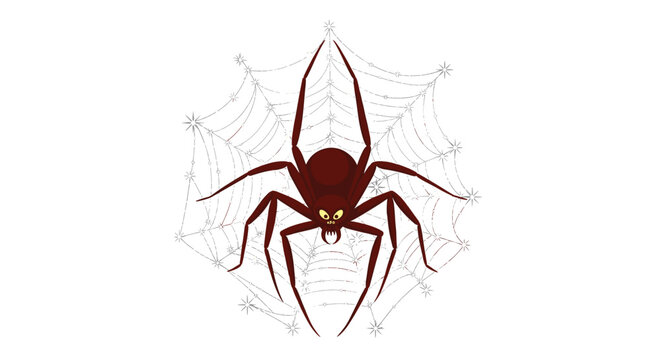A stylized brown Anansi spider with yellow eyes and fangs is prominently displayed on an intricate star-patterned web against a clean white background.