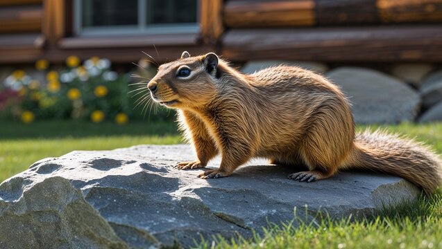 Marmot sunning on flat rock by cabin lawn