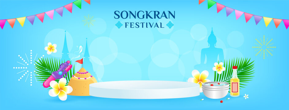 Songkran festival product display stage banner background vector design. Thai New Year Holidays. Water festival.