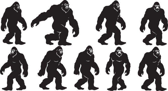 Bigfoot silhouettes in various poses on white background illustration