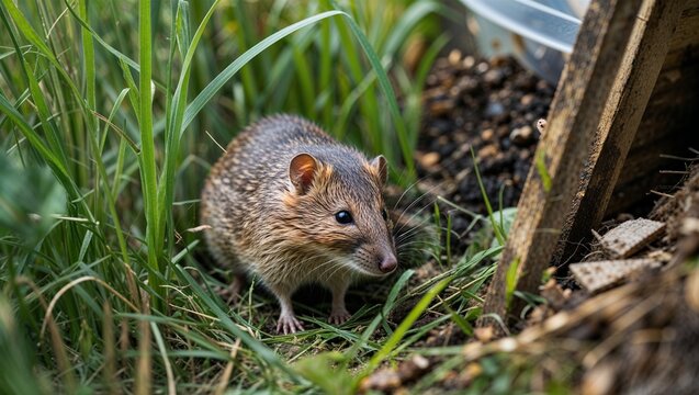 Meadow vole hiding in tall grass near compost corner