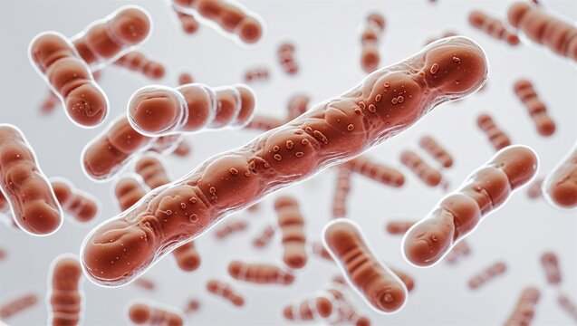 Microscopic Bacillus anthracis rod-shaped bacterium chain, floating on white background