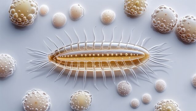 Microscopic blepharisma protozoan with elongated oval shape and cilia covering, on white
