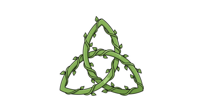 A stylized green Celtic trinity knot, composed of three intertwined vine-like strands with small leaves, is displayed centrally on a plain white background.