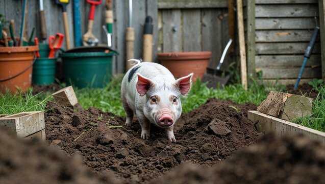 Mini pig digging in dirt patch behind garden toolshed